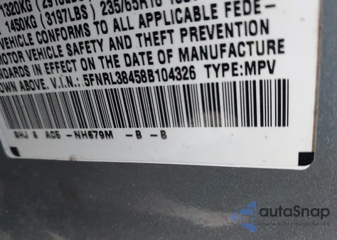 2008 Honda Odyssey Ex из США, поврежденный, VIN 5FNRL38458B104326